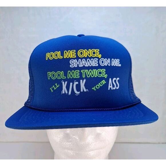 Vintage Funny Saying Trucker Hat Cap Mesh Snapback Blue "I'll Kick Your A$$" - Picture 1 of 8